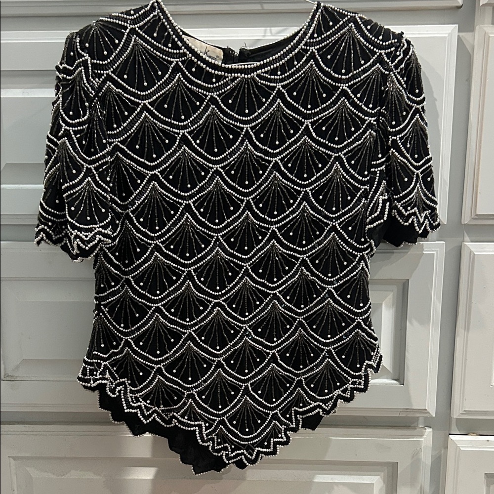 Laurence Kazar Elegant Black and White Beaded Women's Top M